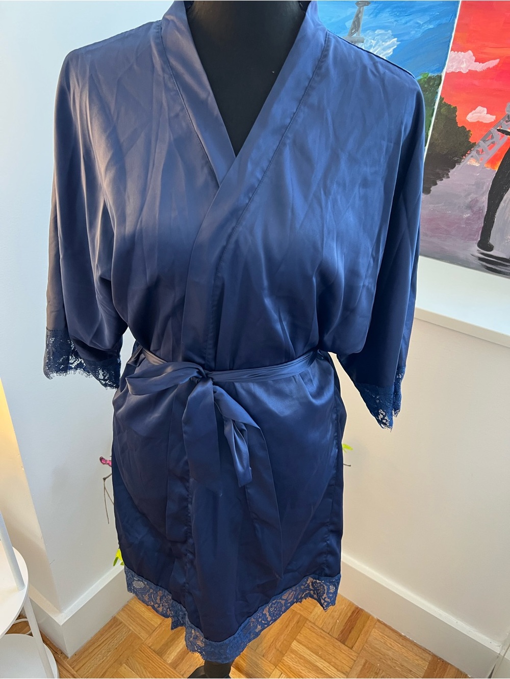 Navy Satin Lace-Trim Robe with Self-Tie Belt